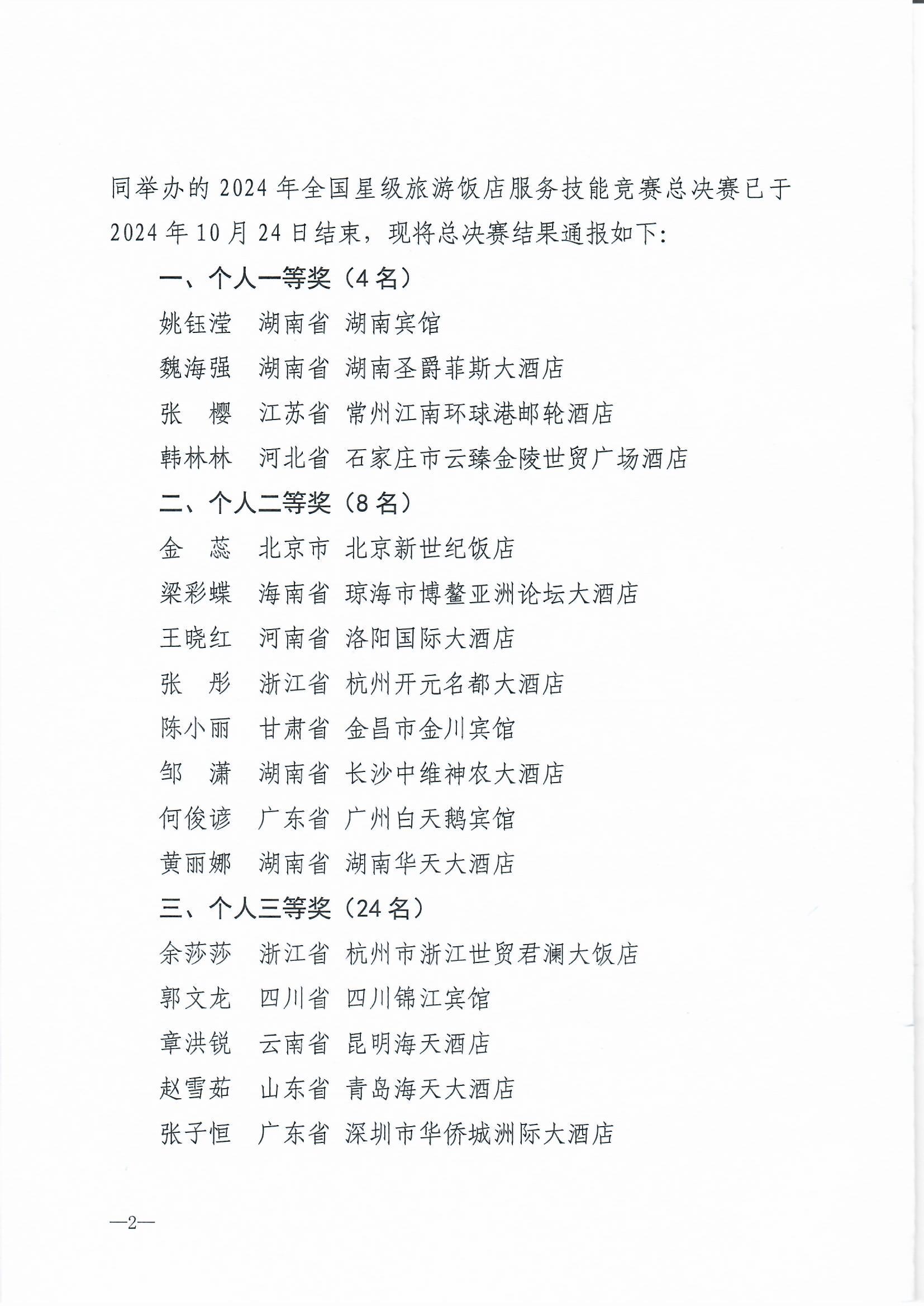 91色情
部 中华全国总工会 共青团中央  全国妇联关于2024年全国星级旅游饭店职业技能竞赛总决赛结果的通报_页面_2.jpg
