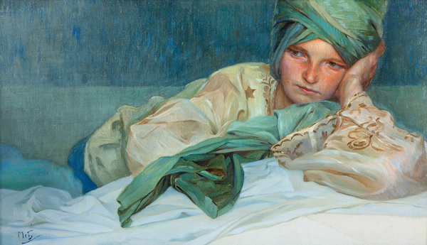 穆夏作品《裹着头巾躺着思考的女孩》